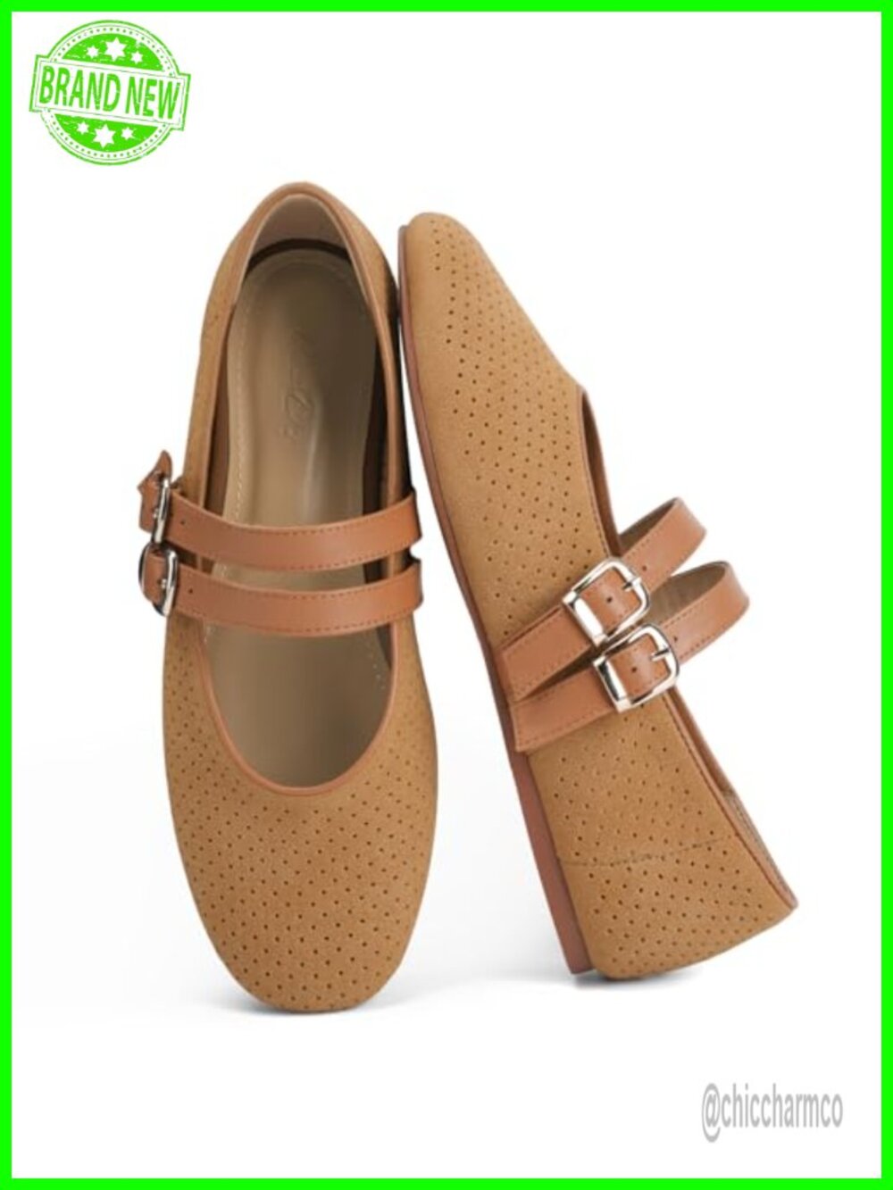 Suede Mary Jane Flats for Women Perforated Round Toe Ballet Shoes Double Buckle